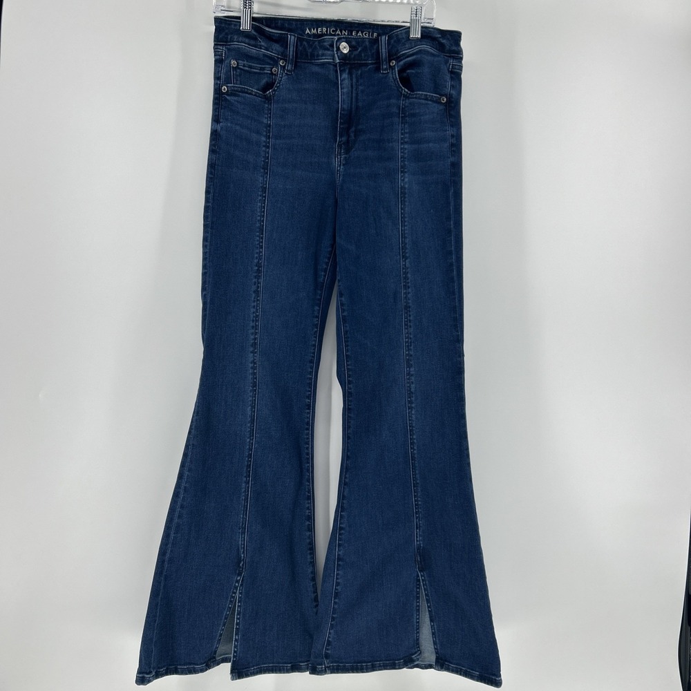 American Eagle Jeans Women's 12 Blue Cotton Denim Stretch Wide Leg Boho Hipster